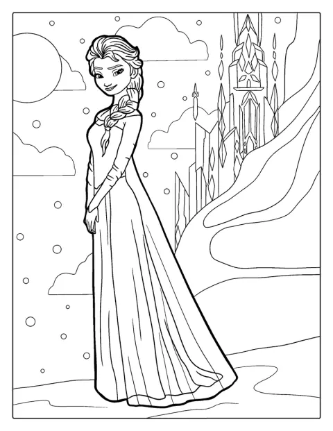 Elsa står framför ett högt slott av is.