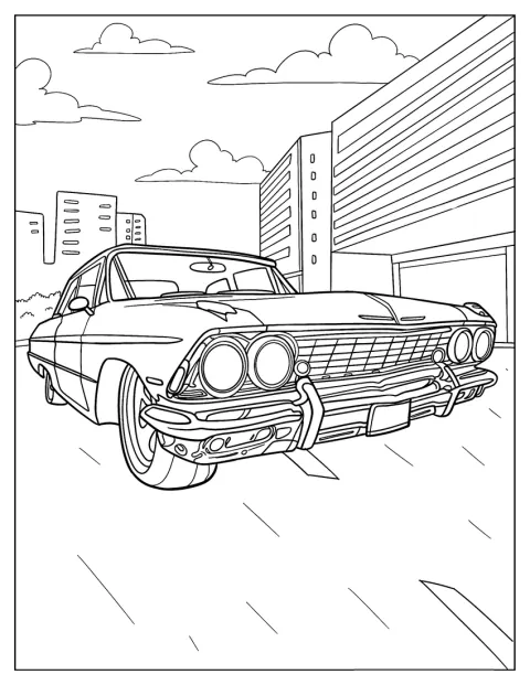 Chevrolet-lowrider on kuvattu realistisesti pysäköitynä.