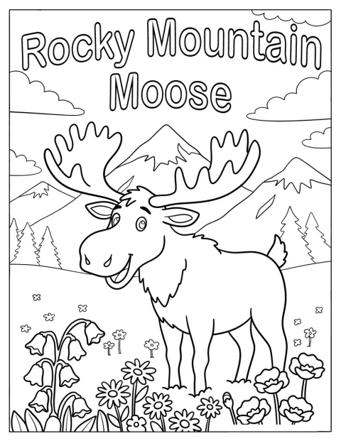 En smilende elg står på en blomstrende eng i Rocky Mountains.