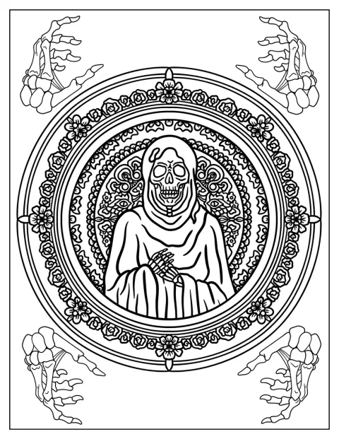 La figura de la Parca forma parte de un diseño ornamental de mándala.