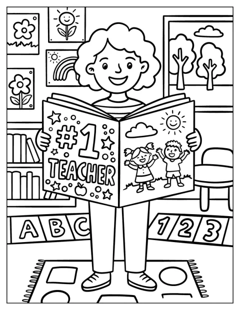 Una profesora sonriente sostiene un libro de cuentos gigantesco.