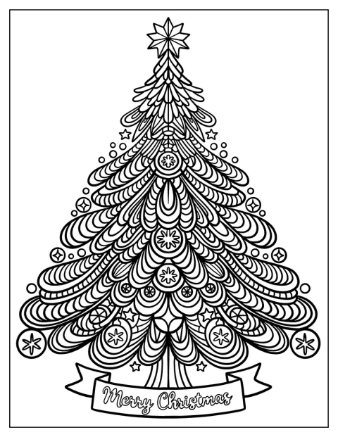 Intricate Christmas Tree Mandala with Banner Coloring Page