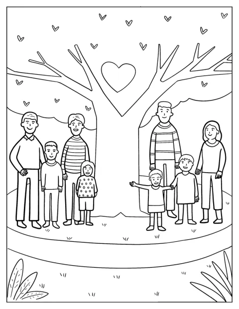 Una familia numerosa posa reunida bajo un árbol.