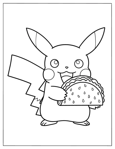 Pikachu hält einen Taco in den Pfoten.