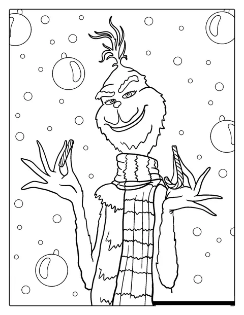 Il Grinch indossa una sciarpa e tiene in mano alcuni bastoncini di zucchero.