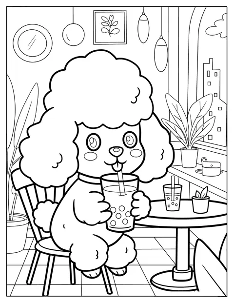 Dans un café mignon, un caniche sirote un bubble tea à la paille.