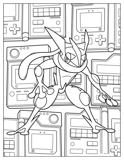 En detaljert Greninja står foran flere Game Boy-konsoller.