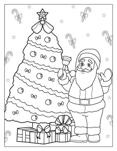 O Pai Natal está ao lado de uma árvore enfeitada.