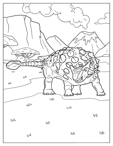 Un Ankylosaurus camina delante de un volcán.
