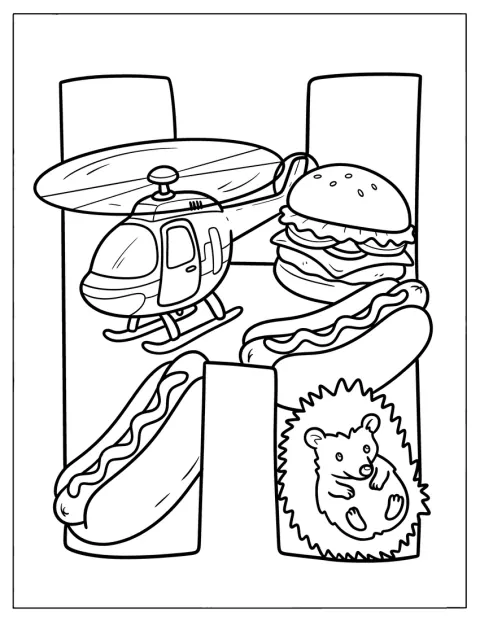 Hの文字と一緒に、ヘリコプターやハンバーガー、ホットドッグ、ハリネズミが描かれています。