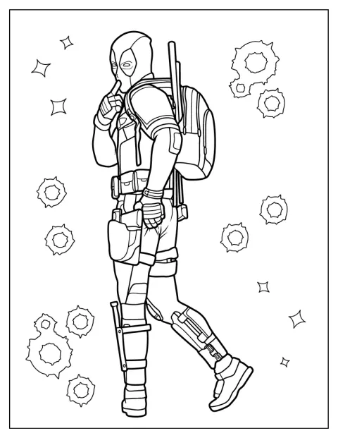 Deadpool prend une pose assurée avec une expression malicieuse.