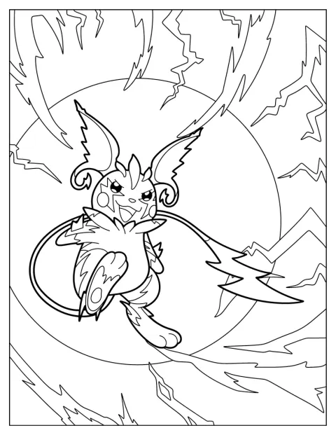 Mega-Raichu står omgitt av lyn i et detaljert motiv.