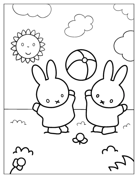 Melanie ja Miffy pelaavat rantapallolla.