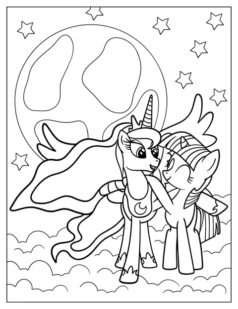 Twilight Sparkle objímá princeznu Lunu.