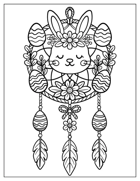 Un atrapasueños con forma de conejo está adornado con flores, plumas y huevos.