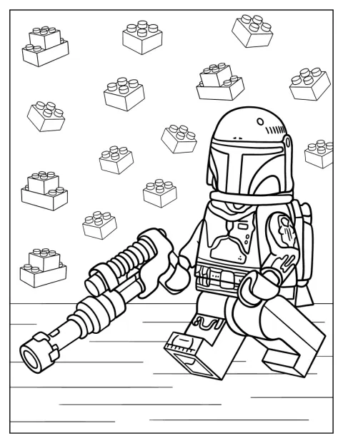 Boba Fett beskar páncélban, jetpackkel és sugárvetővel áll.