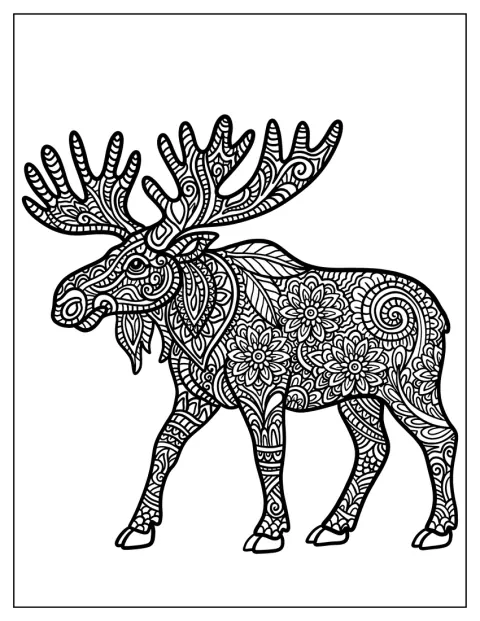 En majestätisk älg är omgiven av blommor i ett detaljerat mandalamönster.