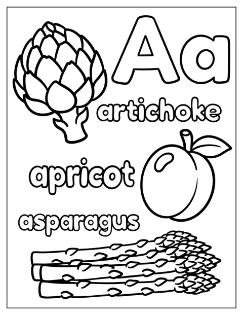Un artichaut, une asperge et un abricot sont associés à la lettre A.