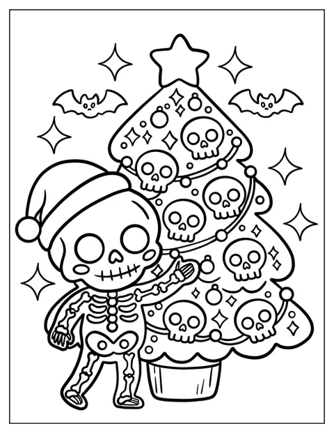 Ein Skelett dekoriert einen Weihnachtsbaum mit Totenkopf-Motiven.