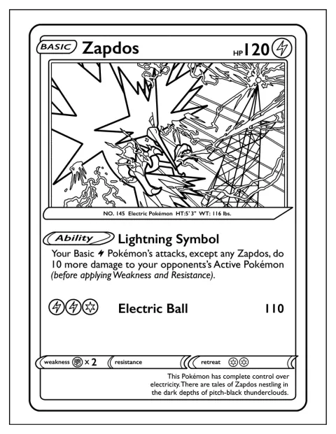 En blixtsymbol pryder Pokémonkortet med Zapdos.