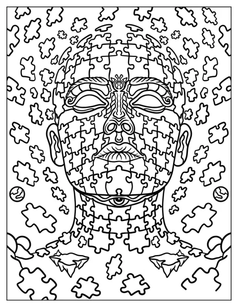Puzzelstukken vormen een menselijk gezicht met vervormde trekken.