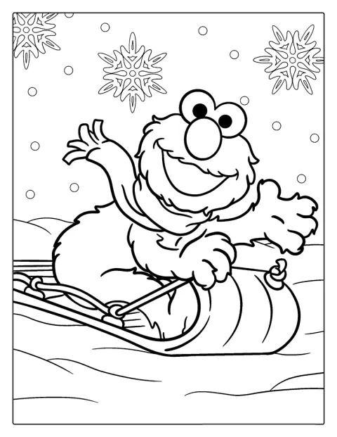 Elmo baja en trineo por un paisaje invernal.