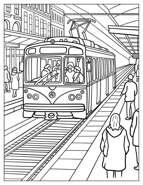 Ein belebter Zug steht am Bahnsteig eines Bahnhofs in der Stadt.