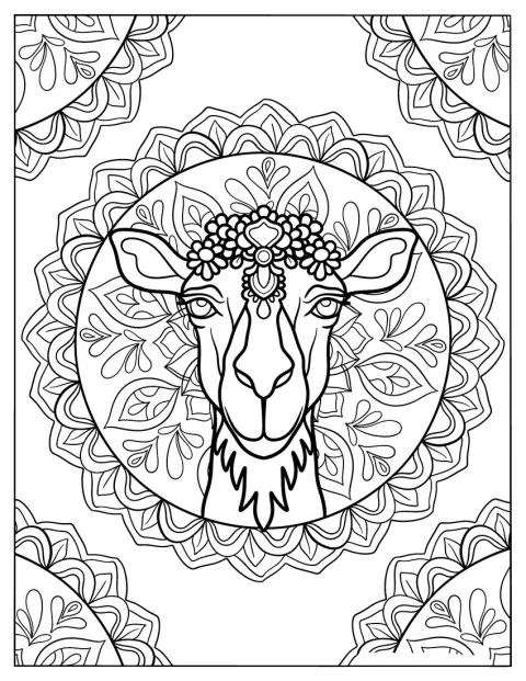 O cămilă este înconjurată de modele mandala complicate.