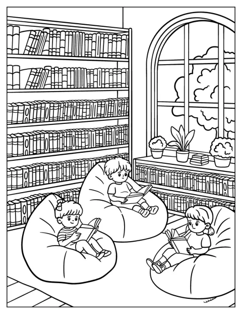 En solrig vinduesplads lyser op i børnebibliotekets hjørne med sækkestole og bogreoler.