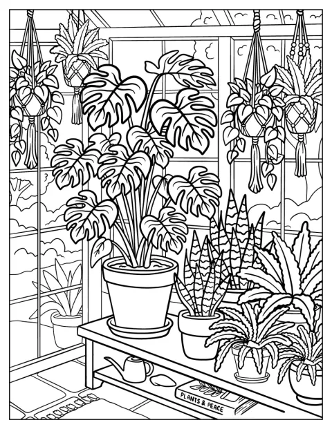 Varias plantas de interior llenan un invernadero luminoso.