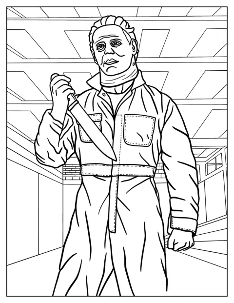 Michael Myers seisoo naamio kasvoillaan veitsi kädessään.