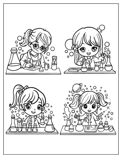 かわいい科学者たちが、実験室で器具を使って実験しています。