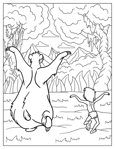 Im Dschungel tanzen Mowgli und Baloo fröhlich miteinander.