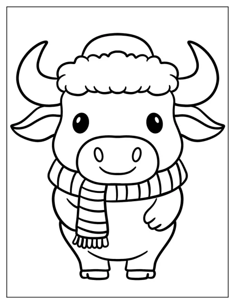 Un taur drăgălaș poartă căciulă și fular pentru vremea rece.