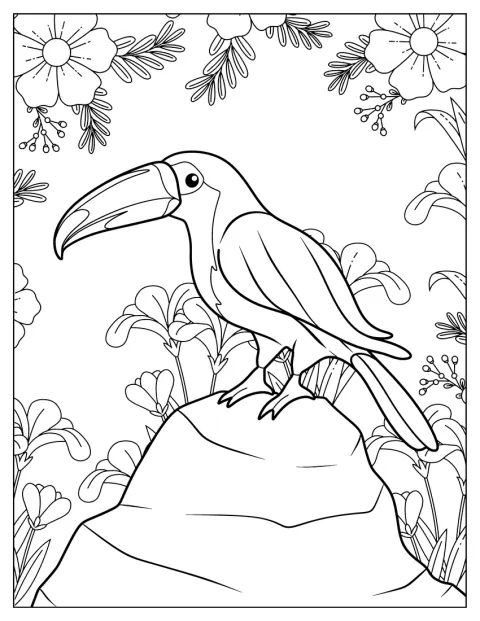 Un toucan est représenté avec son bec imposant.