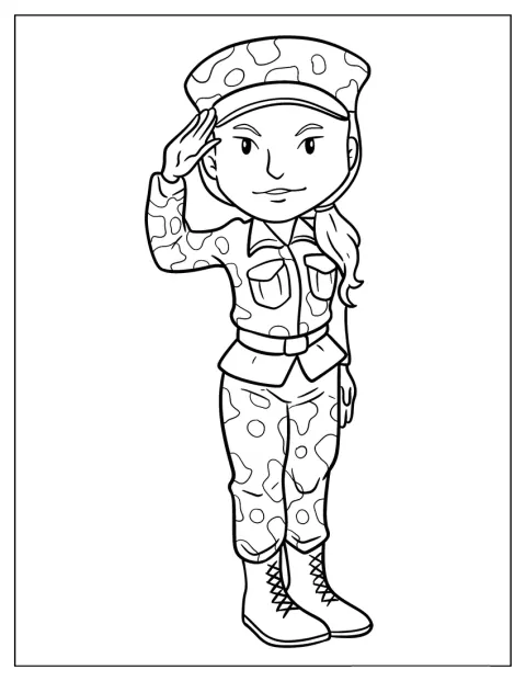 Maastopukuinen chibi-naissotilas tervehtii käsi otsallaan.