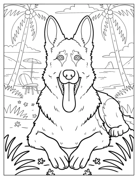Ein großer Schäferhund liegt am Strand unter Kokospalmen.