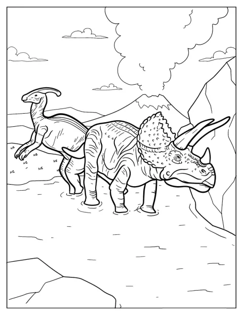 Un Parasaurolofo è raffigurato accanto a un Triceratopo.