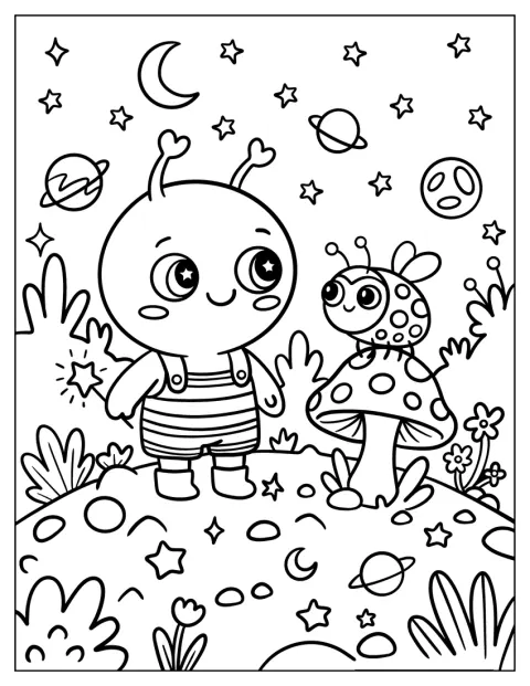 Un alieno amichevole incontra una coccinella appoggiata su un fungo.