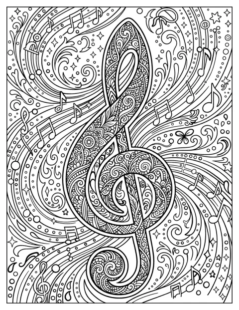 En ornamenteret G-nøgle er omgivet af musiknoder og slyngede mønstre.