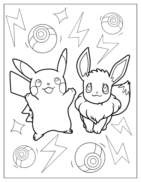 Pikachu e Eevee estão lado a lado, com expressões alegres.