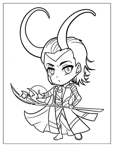 Pienikokoinen, söpö Loki-hahmo poseeraa suuripäisenä chibi-tyylillä.