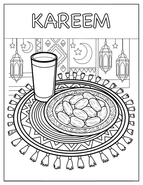 Dadler og et glass drikke er lagt frem på en dekorert tallerken.