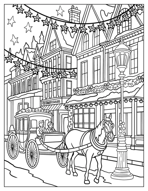 冬の街で、クリスマスライトが飾られた通りを馬車が走っています。