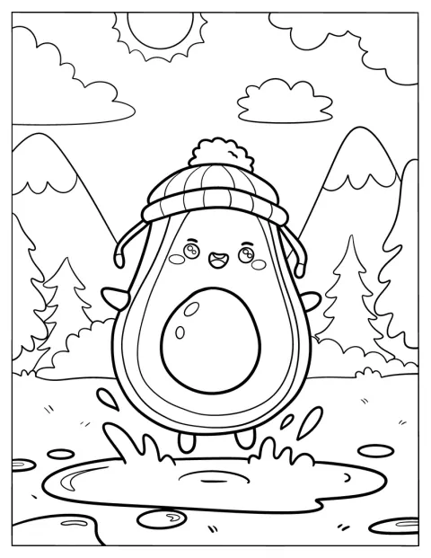Un avocado kawaii gioca nella neve, circondato da fiocchi che cadono.
