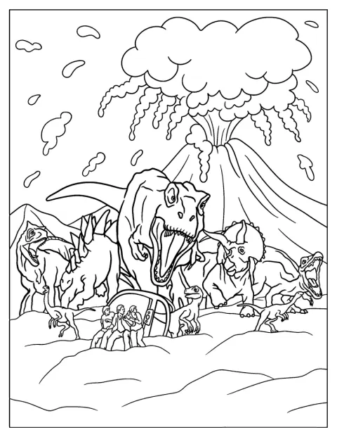 Dinosaurer står i Jurassic World mens en vulkan eksploderer.