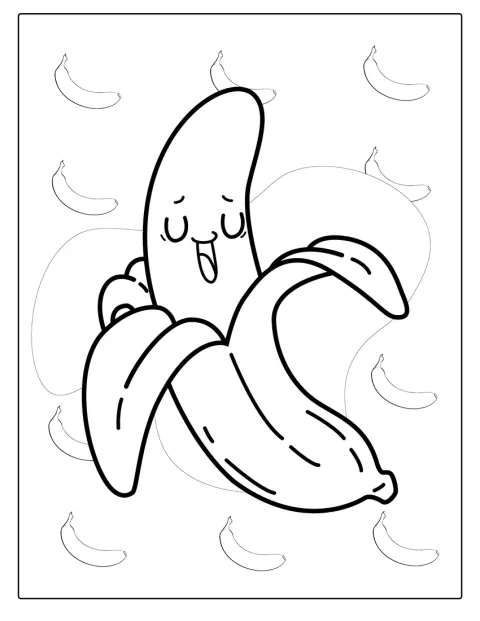 Uma banana em estilo kawaii sorri com ar divertido.