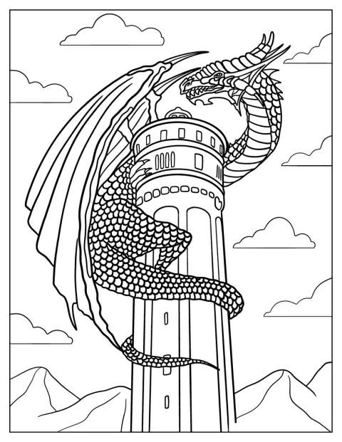 Met grote schubben kronkelt een draak om een hoge kasteeltoren.