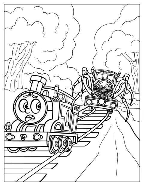 怖い顔のChoo Choo CharlesがThomasを追いかけています。