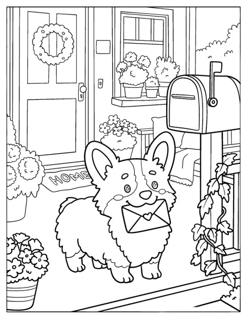 En corgi bærer post på verandaen.